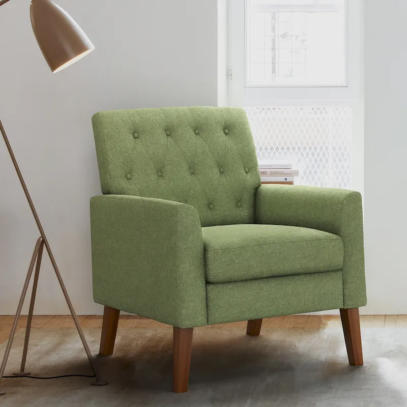 LUE BONA Linen Accent Chair Comfy Living Room Chair with Arms Upholstered Button Tufted Armchair Modern Arm Chairs