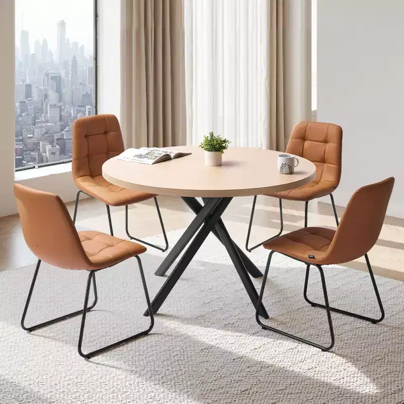 VEVOR 5-Piece Dining Table Set, Space-Saving Round Kitchen Table with 4 Upholstered Orange Chairs, PU Leather Cushions, Modern Wood-Tone Desk,Brown