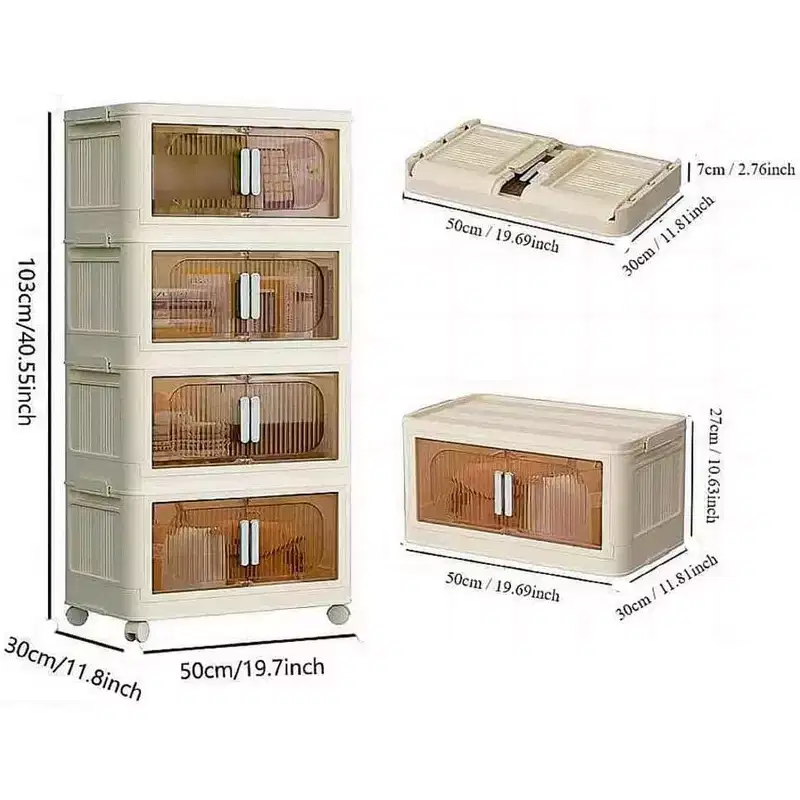 3 Tiers/4 Tiers/5 Tiers Collapsible Storage Bins, Foldable Storage Cabinet With Magnetic Door Lockable Wheels, Stackable Storage Containers