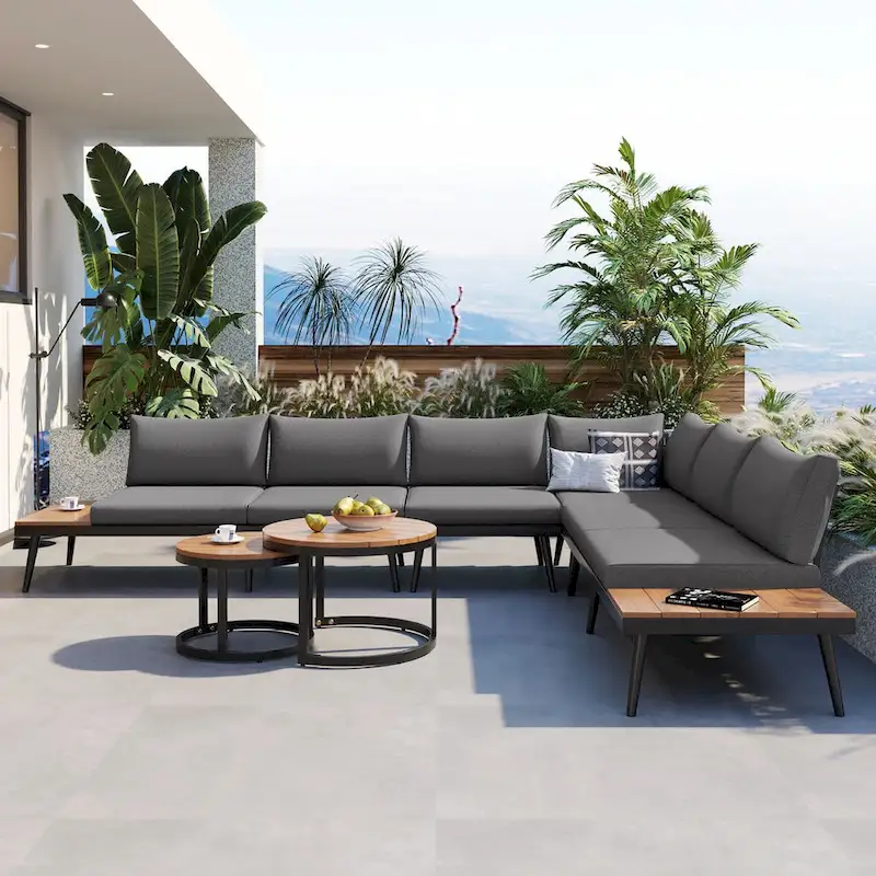 Grey 6-piece Acacia Wood Outdoor Sectional Sofa Set with Round Nesting Coffee Tables and Side Storage Shelf, Cushioned Seating