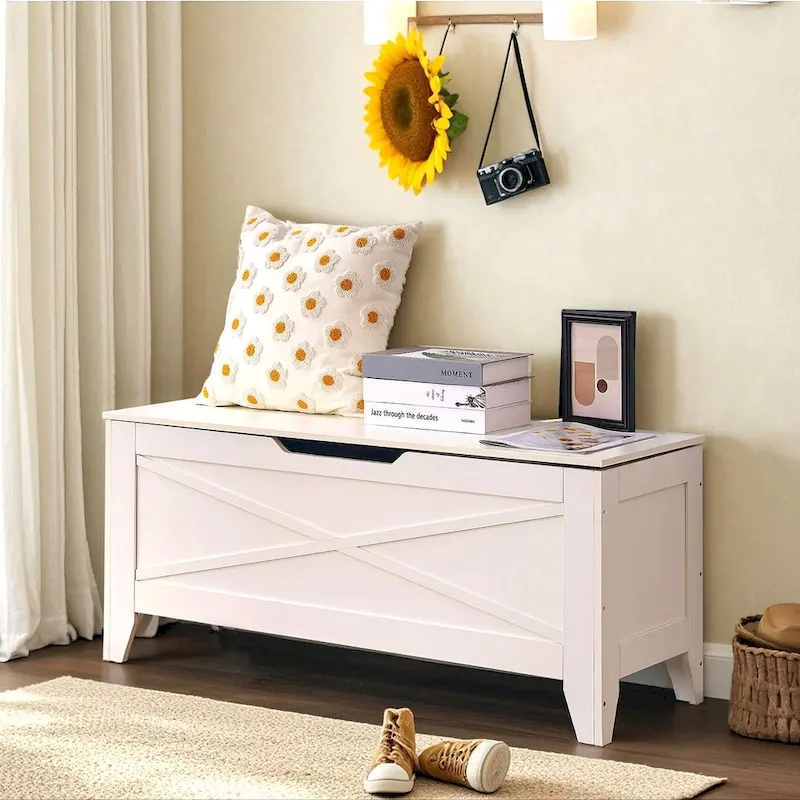 Grey/White Storage Bench with Safety Hinges, 18/30-Inch, 1-Person