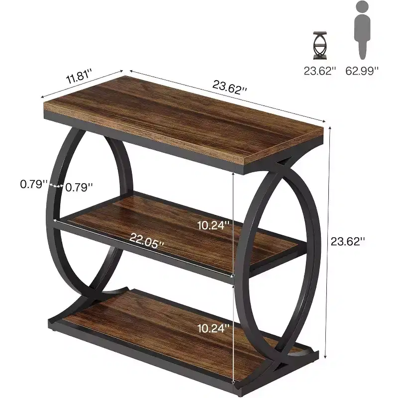 Lantine 3-Tier End Table, Industrial Wooden Side Table with Metal Frame for Bedroom, living Room, Rustic Brown