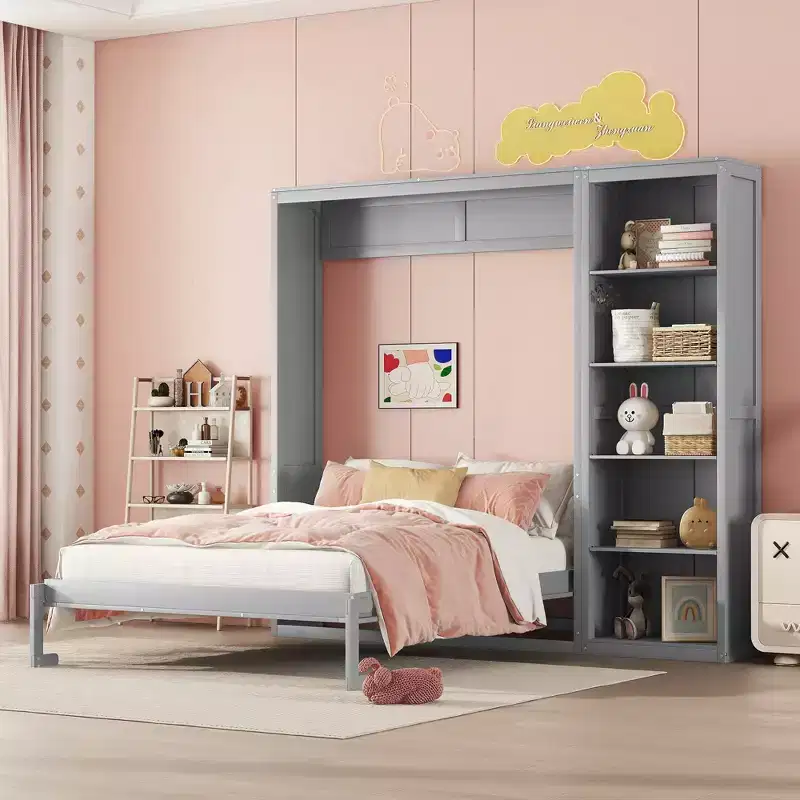 Full/Queen Murphy Bed Wall Bed with Shelves, Space-Saving Murphy Bed Cabinet for Guest Room Home Office