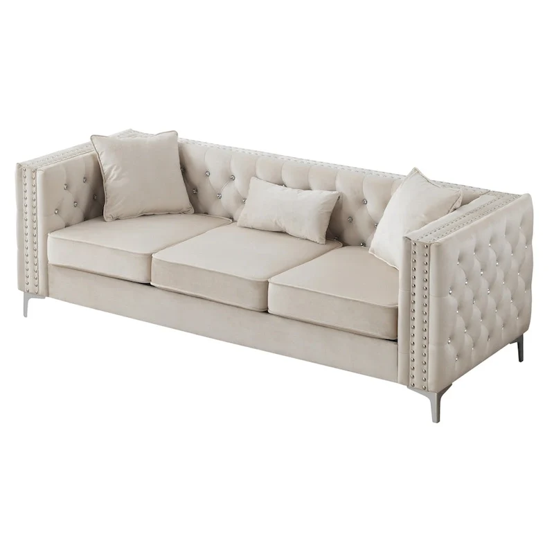 Paige 86 in. Tufted Velvet 3-Seater Sofa with 2-Throw Pillow - 86L x 34W x 30H