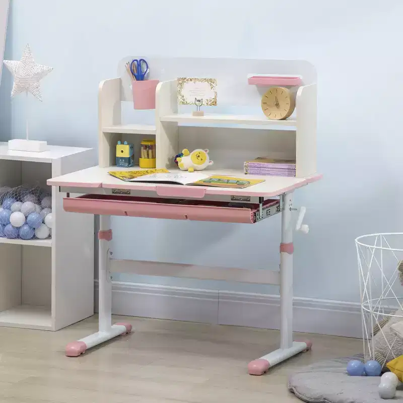 Height Adjustable Kids Study Desk with Tilt Desktop Drawer and Shelf Pink