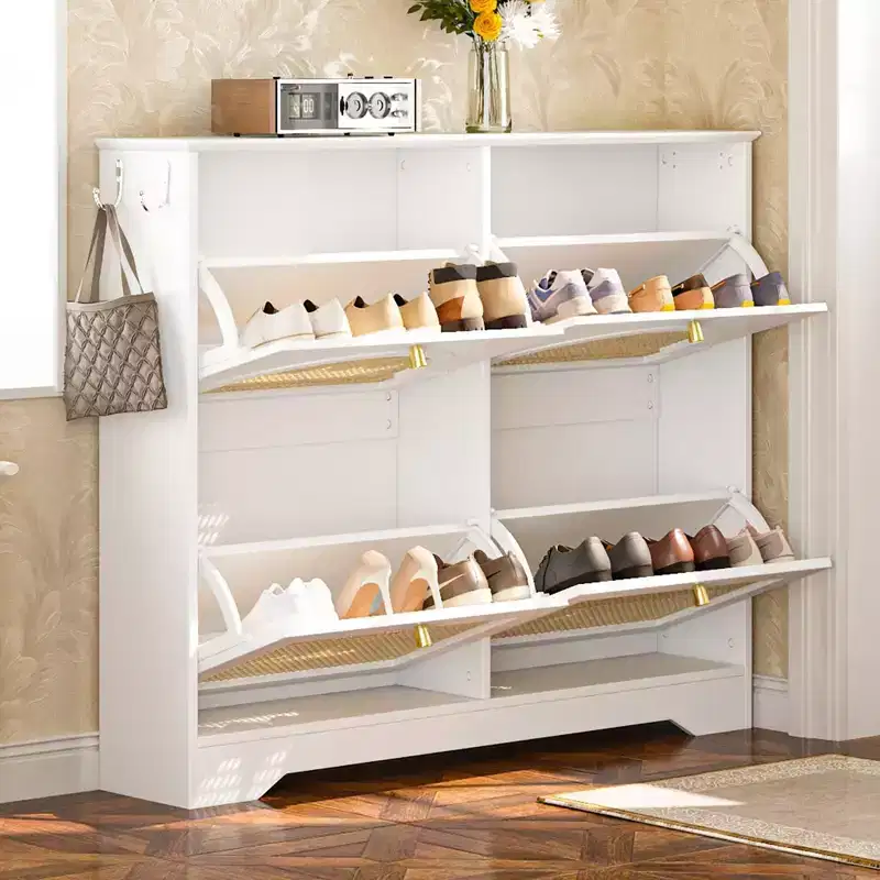 Mid-Century Entryway Shoe Cabinet with 4 Rattan Flip Drawers & Hooks