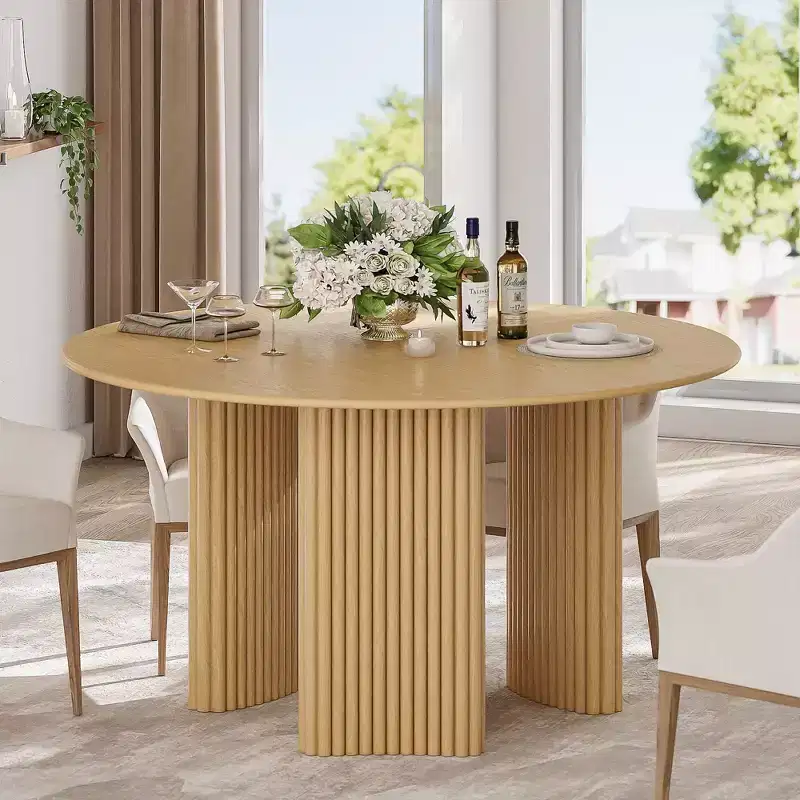 PexFix 52 Modern Round Dining Table with Striped Column Legs Solid Wood Kitchen Table Anti-Scratch Footpads for Dining Room & Kitchen Bar in Natural