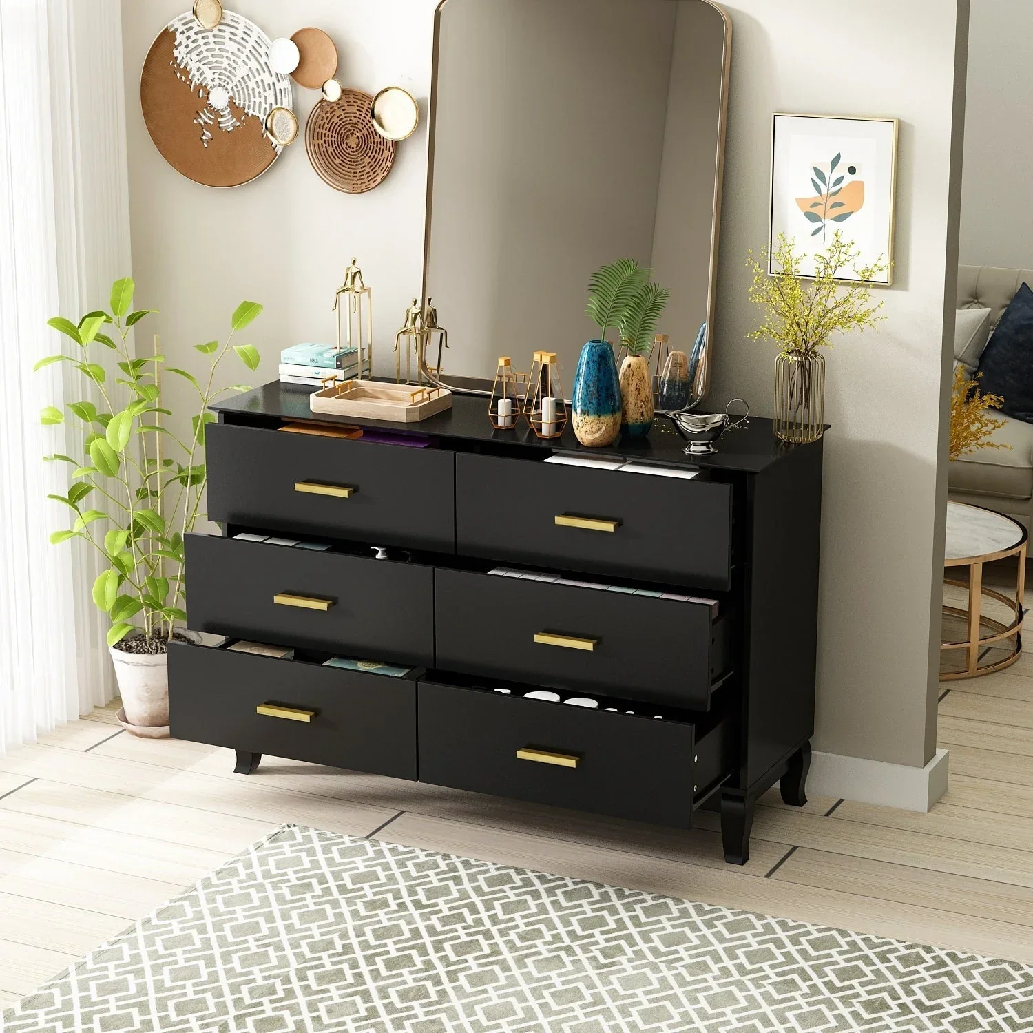 Timechee 6 Drawer 47.2W Double Dresser Solid Wood Legs Lacquer Chest