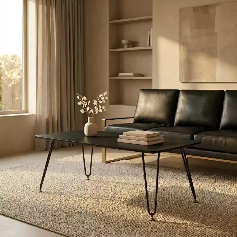 LeisureMod Elmwood 47 Rectangular Modern Wood Coffee Table  Metal Legs, Brown Finish, Accent Table for Living Room, Lounge & Contemporary Spaces