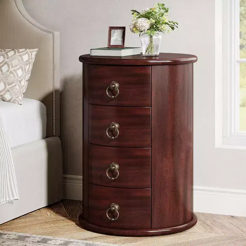 Solid Wood Round Nightstand with 4 Drawers - Rustic Tall Bedside Table, No Assembly Required