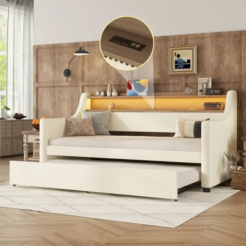 White Twin Size Upholstered Daybed with Trundle and LED