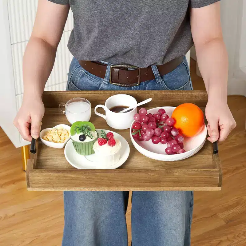 Acacia Wood Serving Tray with Metal Handles, 17 x 12 Inch