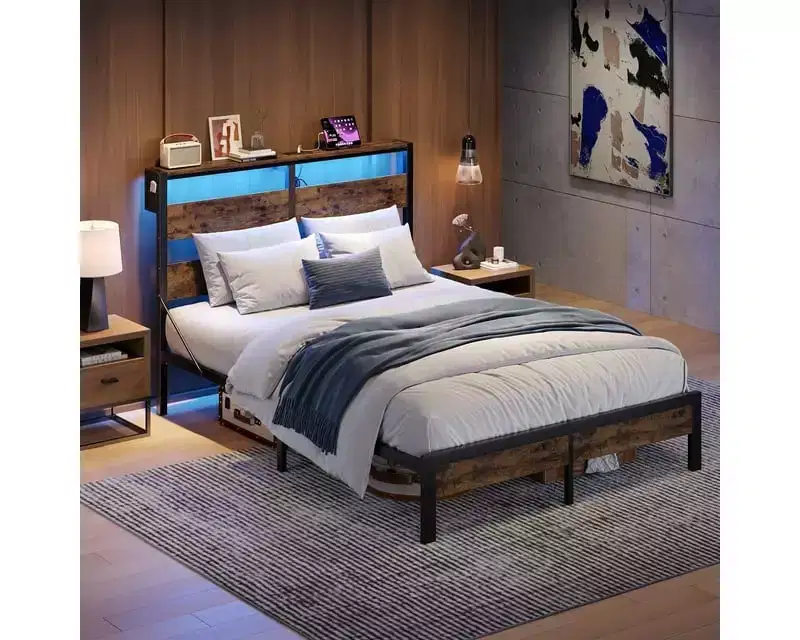 Twin Bed Frame with LED Lights & Charging Station - High Headboard, Under-Bed Storage, Noise-Free, Easy Assembly
