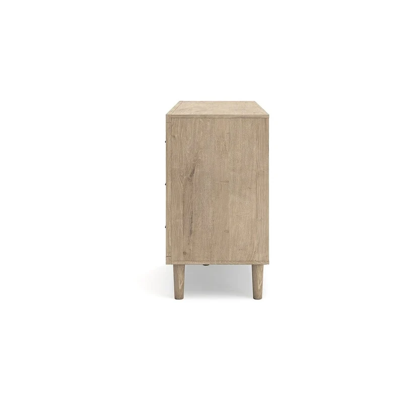 6-Drawer Dresser – Brown / Beige, Replicated Oak Grain, Cane Detail Drawer Fronts, Bronze Knobs, Contemporary Style