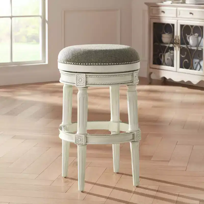 55 Downing Street Oliver Wood Swivel Bar Stool Distressed White 30 1/2 High Traditional Gray Round Cushion with Footrest for Kitchen Counter Height