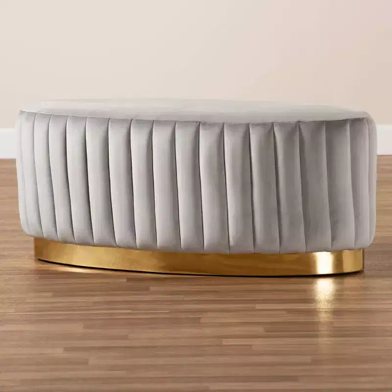 Velvet Fabric Upholstered and PU Leather Ottoman Gold