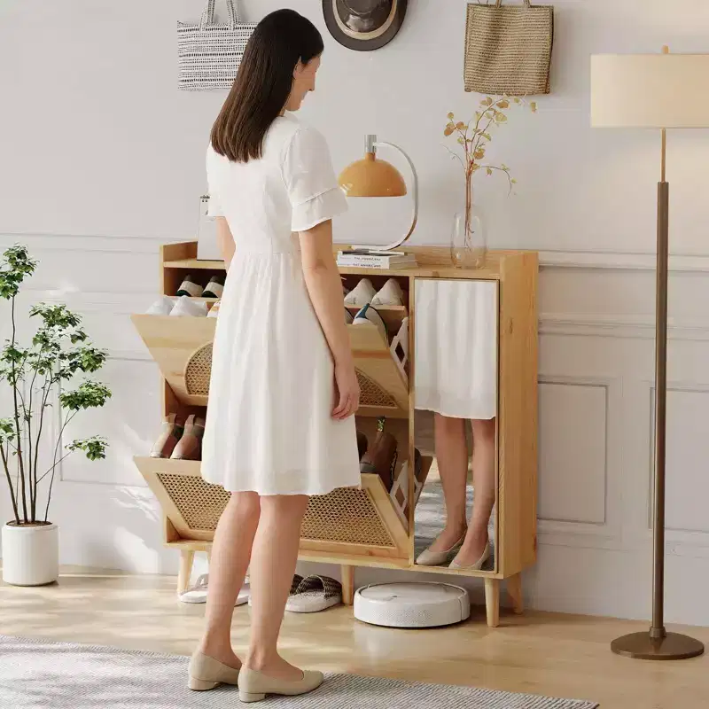 Natural Rattan Shoe Cabinet 2 Flip Drawers with Mirror Adjustable Shelves Freestanding Shoe Rack for Entryway Hallway Closet