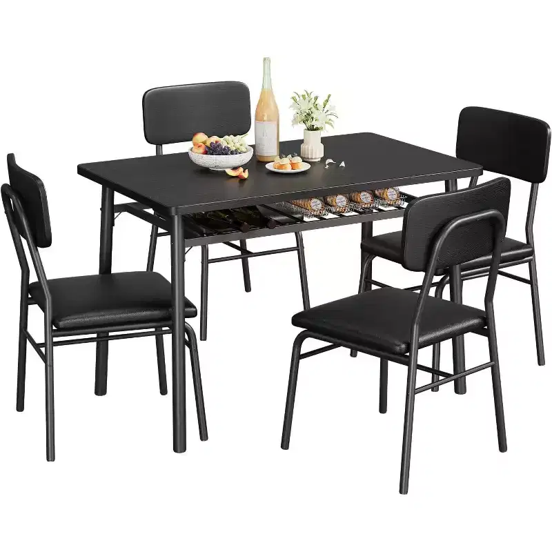 5-Piece Dining Table Set for 4, Wood Kitchen Table with Storage Rack, Upholstered Chairs of 4, Dining Room Set for Small Space, Apartment