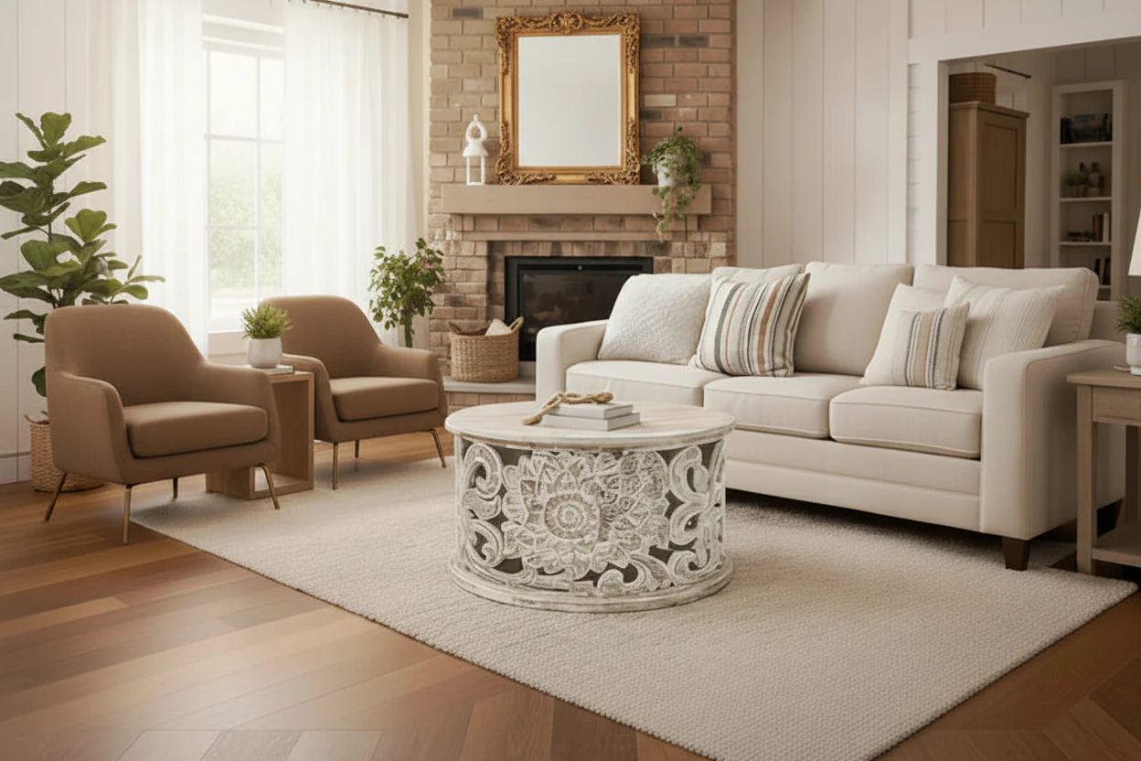 Coffee Table Handcrafted Mango Wood Floral Carved Cut Out Design Distressed White Finish 33 Inch