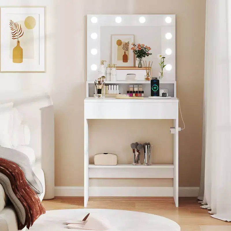 Vanity Desk with Mirror and Lights, 3 Light Modes & Adjustable Brightness, White
