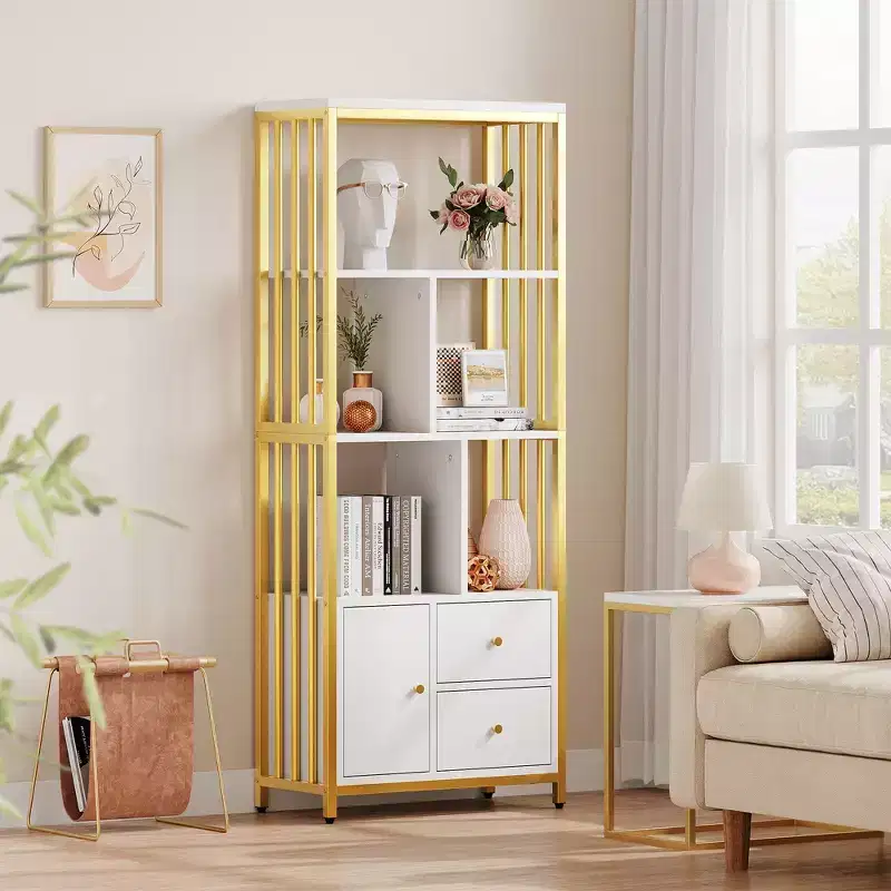 62 Gold Bookshelf with Metal Frame, 3 Drawers & Door, 4-Tier White Gold Bookcase for Office Living Room