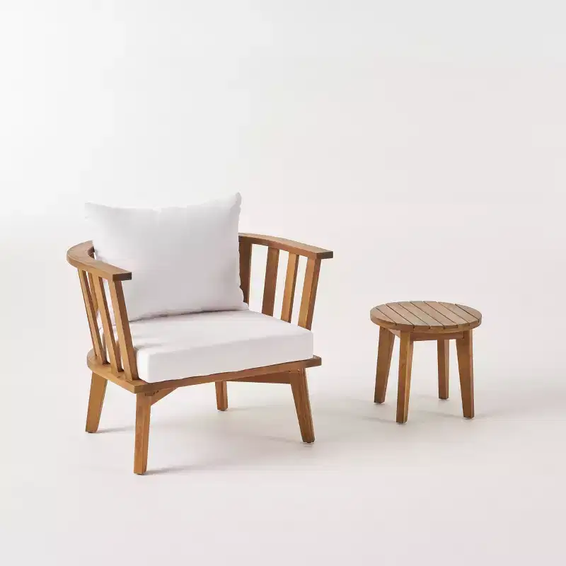 GDFStudio Lorie Outdoor Acacia Wood Club Chair and Side Table Set with Cushions, Teak/White