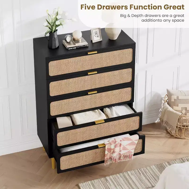 Rattan 5-Drawer Tall Dresser with Wide Top, Deep Storage Chest for Bedroom, Living Room, Closet, Natural Wood Finish