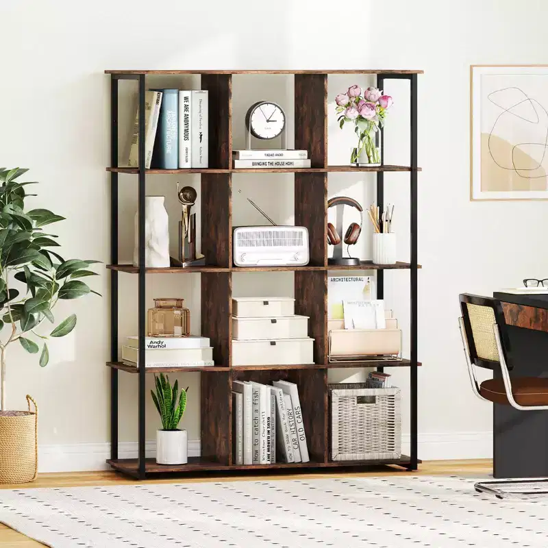 Costway 12-Cube Bookcase 57 Tall Freestanding Bookshelf Industrial Shelf Display Rack