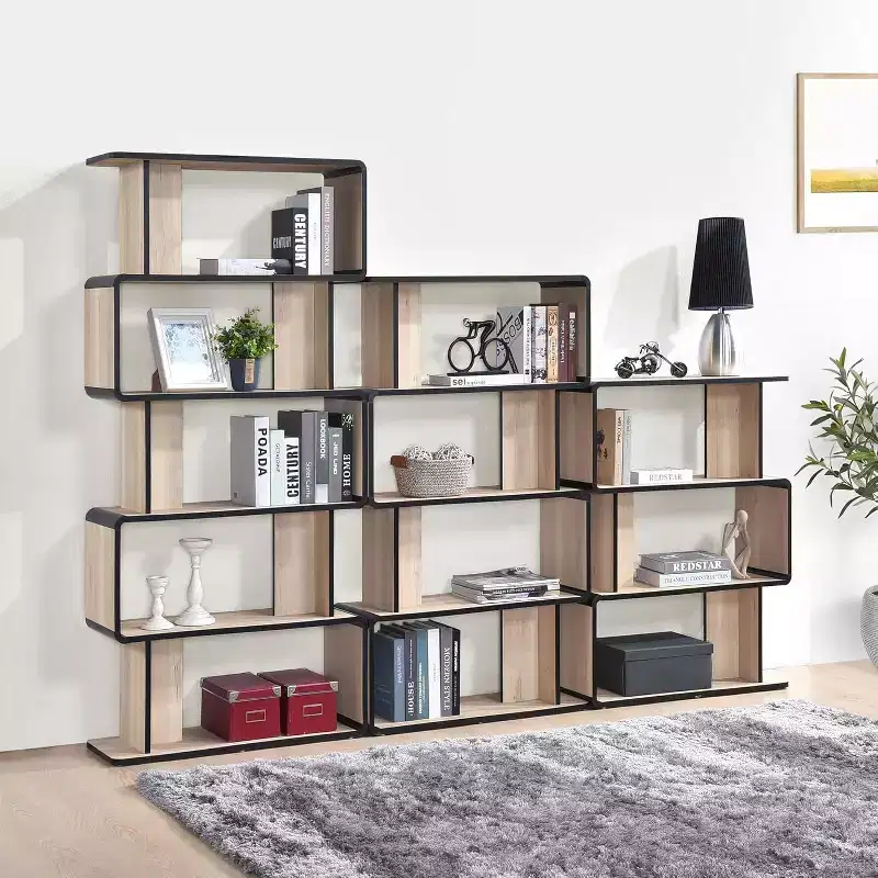Kings Brand Furniture Nathan 3-Piece Bookcase Set with 3-Tier, 4-Tier & 5-Tier Shelves, Modern Oak/Black Wooden Display & Storage Organizer