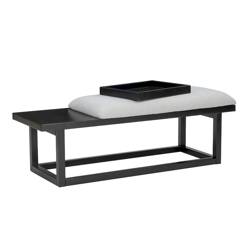Aliza Grey Upholstered Solid Wood Bench with Tray