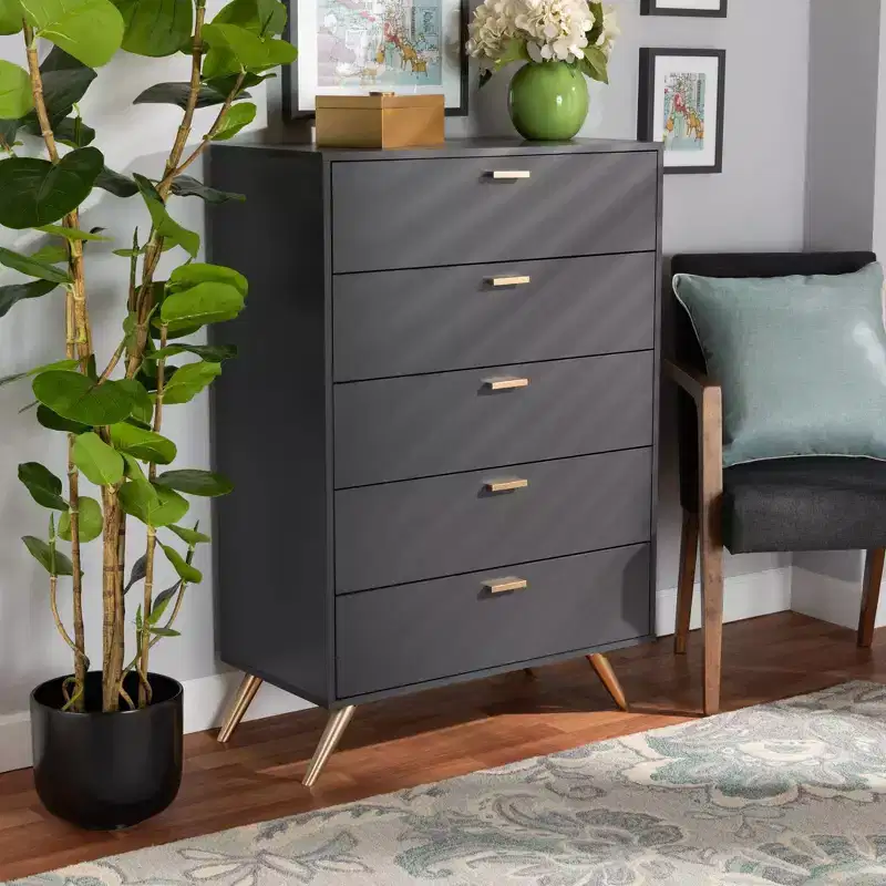 Kelson Wood 5 Drawer Chest Dark Gray/Gold - Baxton Studio: Modern Storage for Bedroom