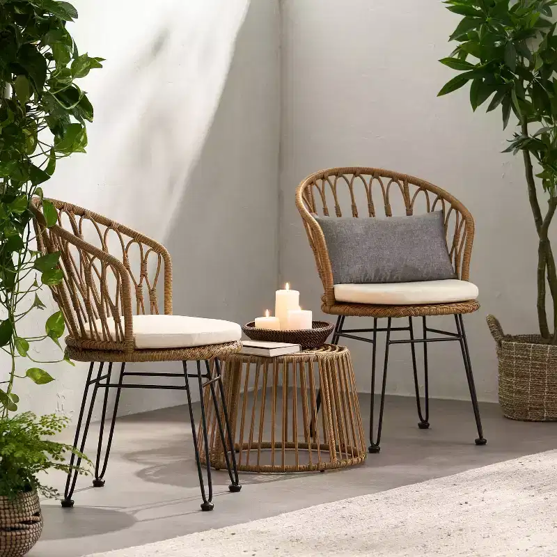 Christopher Knight Home Tavon Outdoor Wicker 3 Piece Chat Set with Cushions, Light Brown/Beige