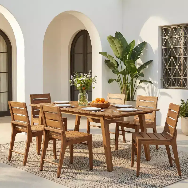 Christopher Knight Home Alessandro Modern 7 Piece Acacia Wood Dining Table Set with Slatted Design