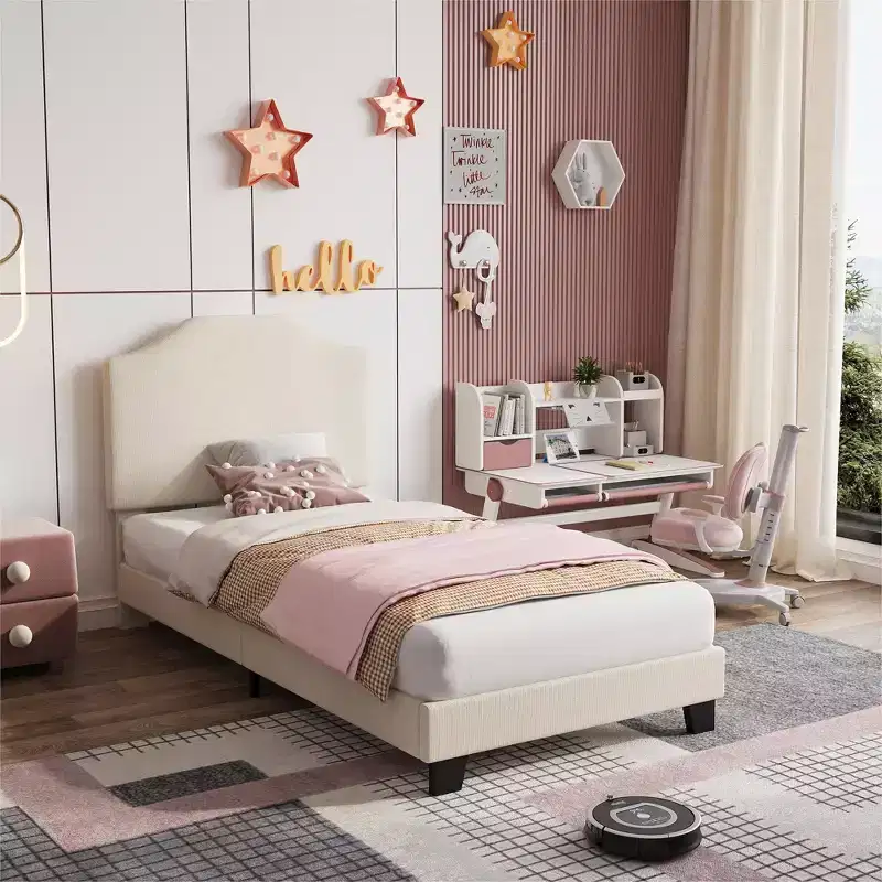 Twin Size Bed Frame, Corduroy Upholstered Platform Bed Frame with Adjustable Headboard, Mattress Foundation,Wooden Slats Support, No Box Spring Needed