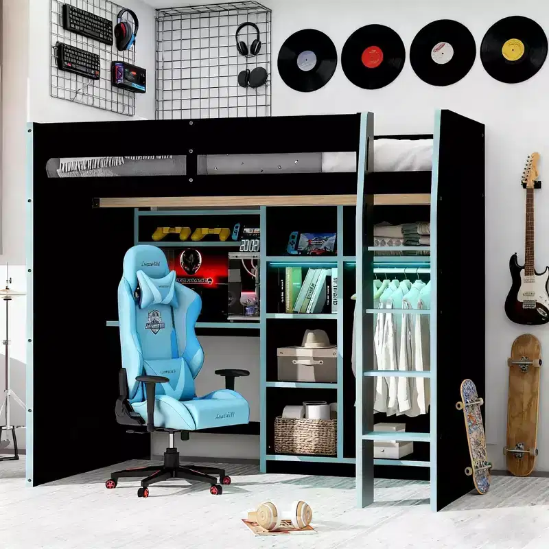 Gaming Loft Bed with Desk, RGB Lights & Storage, Full Size Space-Saving Bed for Teens and Adults