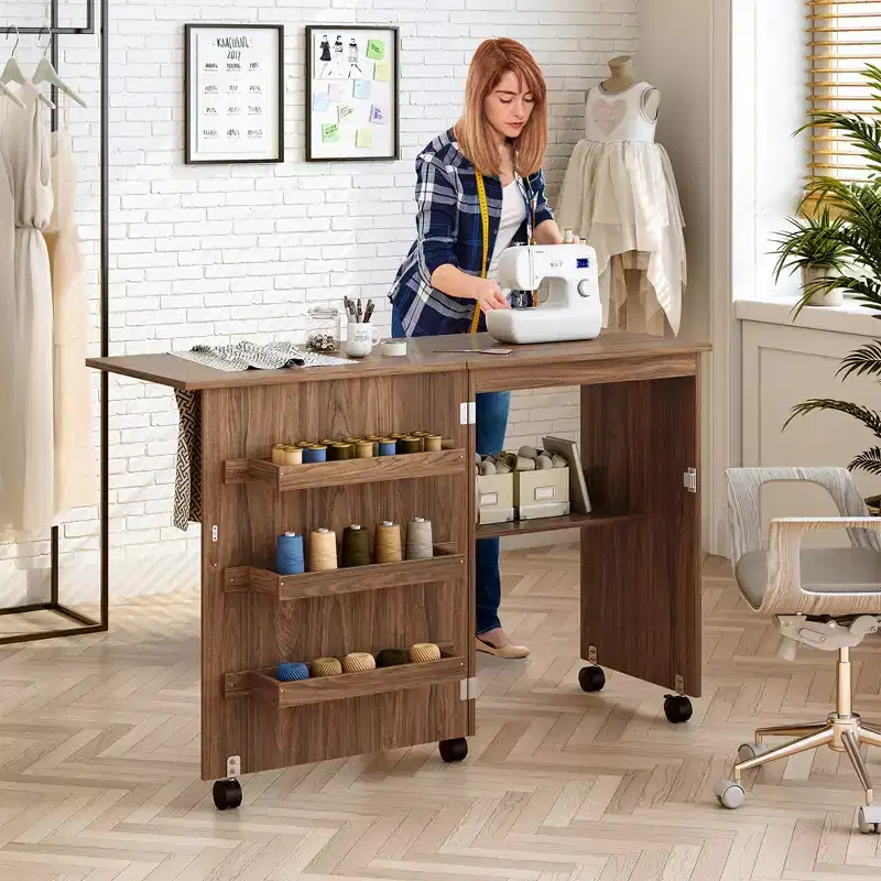 Costway Folding Sewing Craft Table Shelf Storage Cabinet Home Furniture W/Wheels