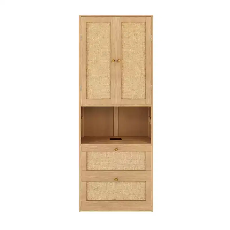 2 Doors Bookshelf with USB Port and 3 Drawers Side Cabinet Storage Shelves, Natural