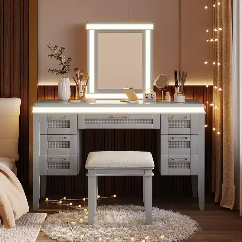 Classic Boho Wood Makeup Vanity Desk with Lighted Mirror, 7 Drawers and Cushioned Stool