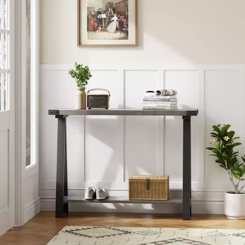 2-Tier Console Table with Storage, Farmhouse 43.3 Entryway Table with Metal Frame and MDF, Narrow Sofa Table Behind the Couch for Living Room