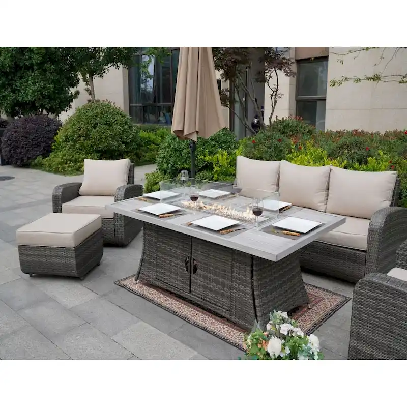 5-Piece Wicker Patio Sofa Set with Gas Firepit And Ice Bucket by None