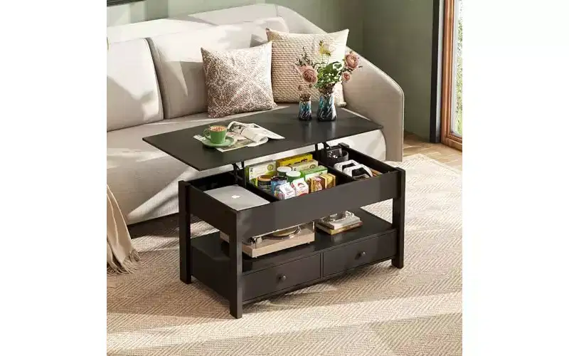 DEXYLLO Coffee Table, Lift Tabletop for Living Room & Dining Table, Lift Coffee Table with 2 Drawers, Large Storage and Open Shelf