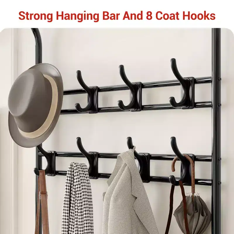 Entryway Hall Tree, Coat Rack Shoe Storage Bench with 3-Tier Storage Shelf, 8 Removable Hooks, a Hanging Rod