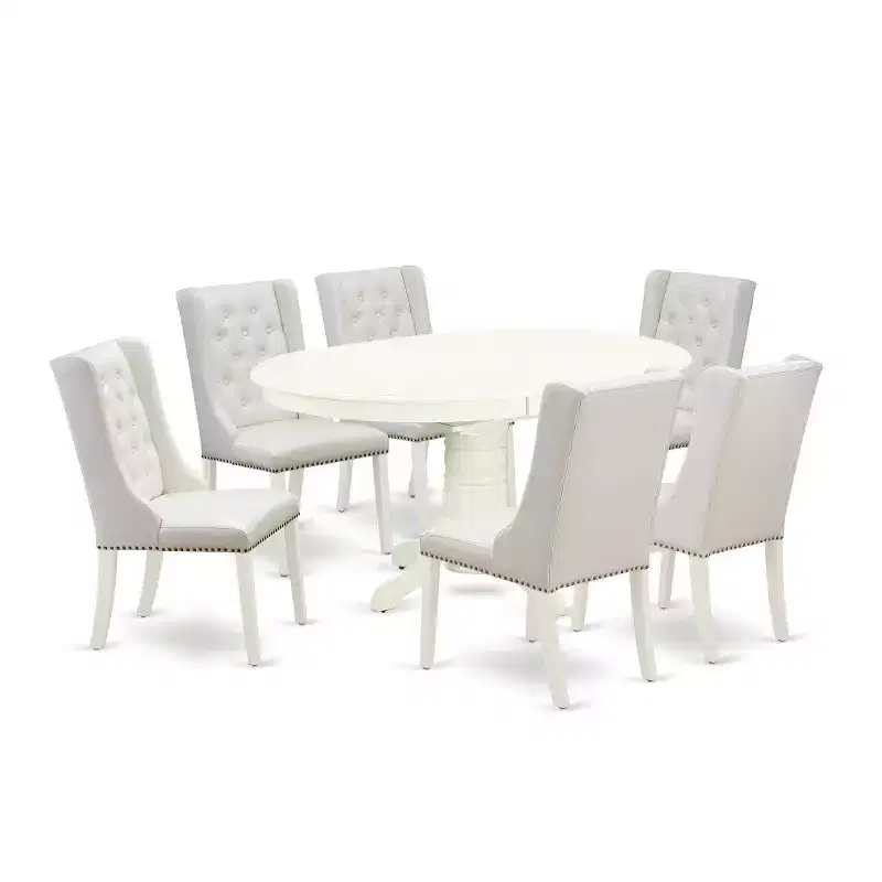 HomeStock 7-Piece Linen White Finish Solid Wood Top Dining Table with 6 Parson Chairs