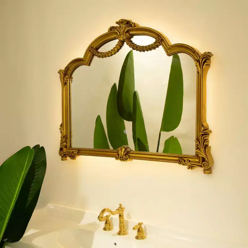 GDFStudio Veda Baroque Revival Style Irregular Faux Leather Decorative Wall Mirror with 3-Color Adjustable Light
