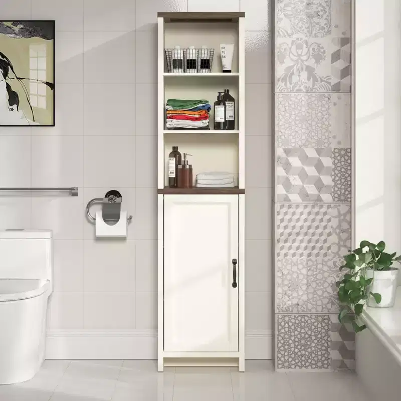 Galano Tall Bathroom Cabinet with Open Shelves in Ivory Knotty Oak 15.6 W  11.6 D  63.7 H