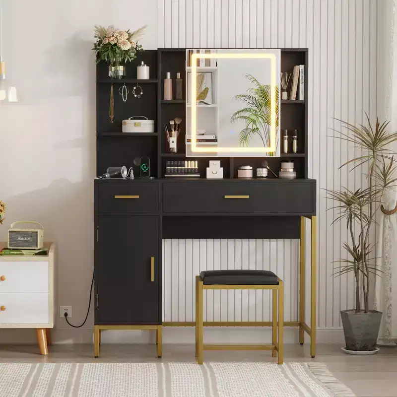 Makeup Vanity Table with Lighted Mirror, Charging Station, Stool, Drawers and Cabinet - Bedroom