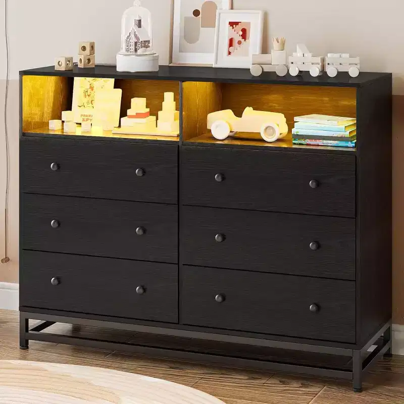 Zstar 47.2 In 6 Drawer Dresser for Bedroom with LED Lights & Charging Station