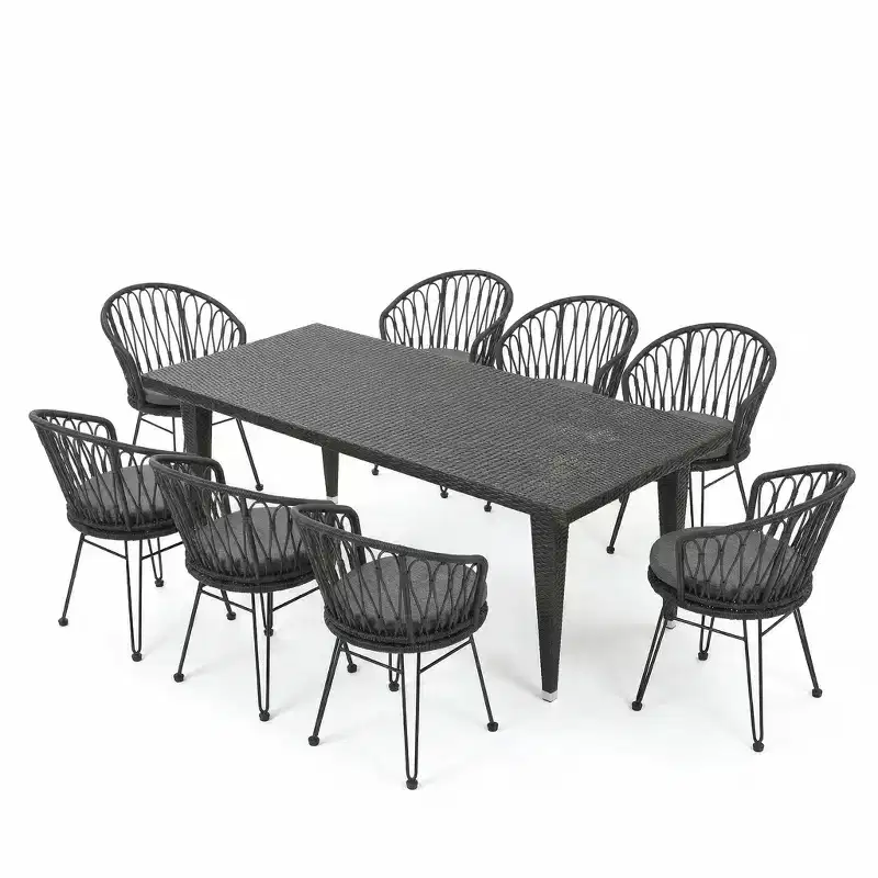 Christopher Knight Home Dominca 9 Piece Patio Boho Iron Rattan Dining Set with Cushions