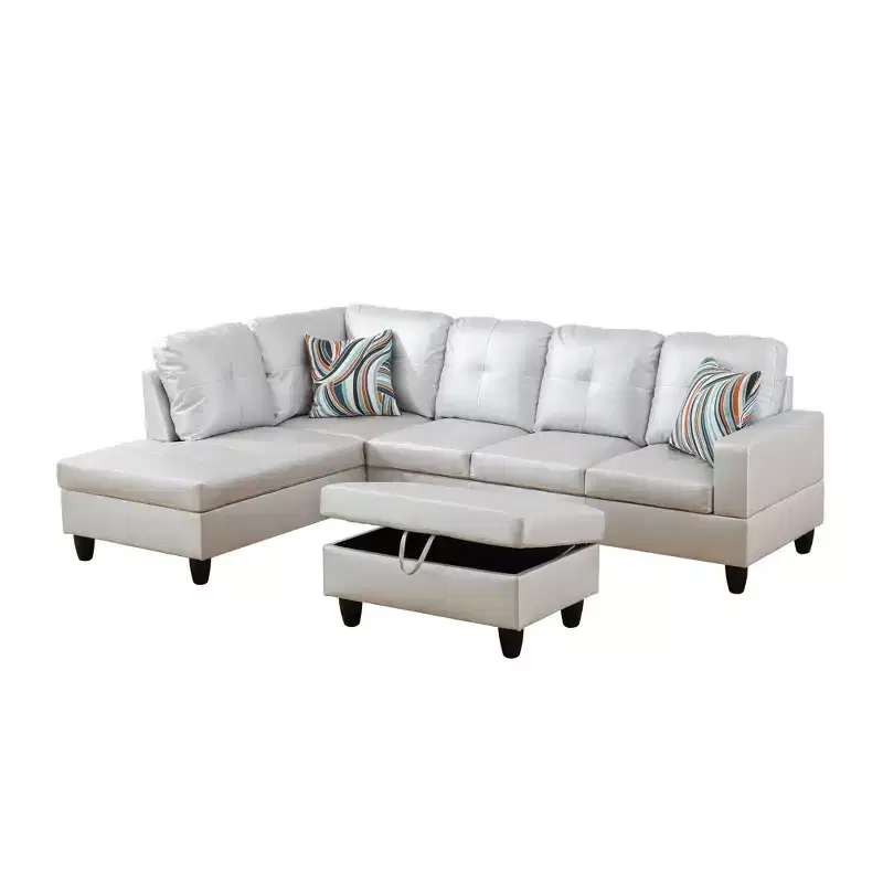 Luxurious White Leather L-Shaped Sectional Sofa with Storage Ottoman