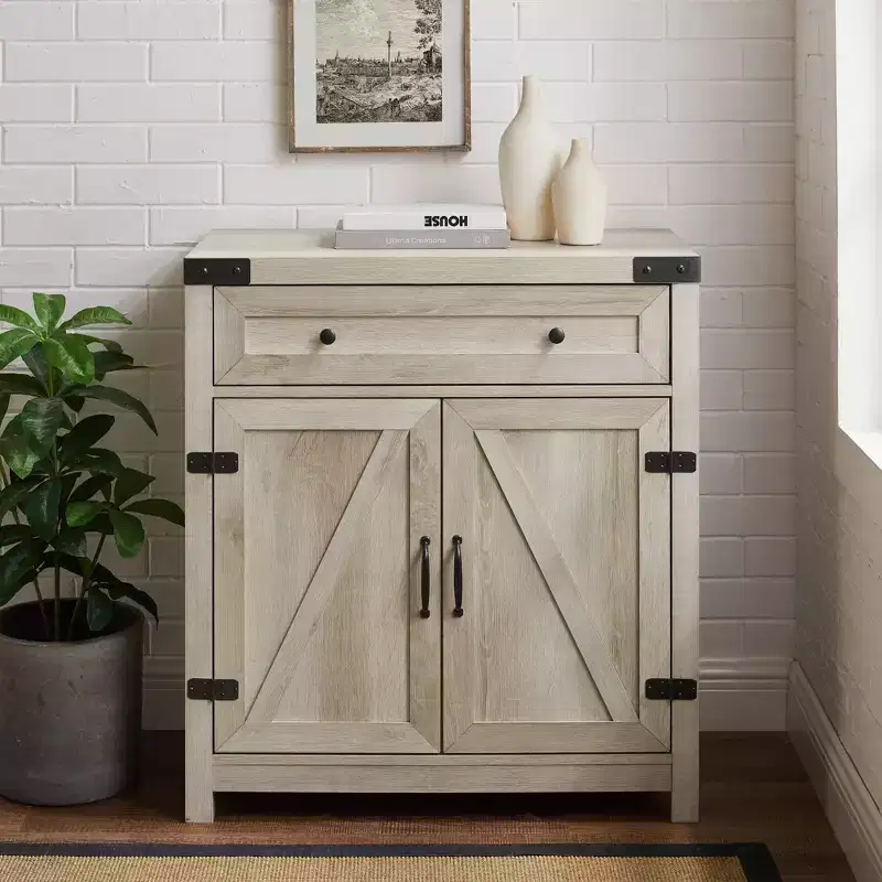 Rustic Farmhouse Barn Door Accent Cabinet with Drawer and Adjustable Shelf